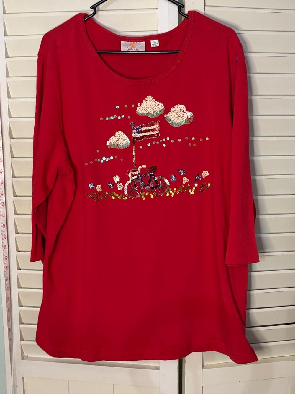 Quaker Factory Sequin Bicycle Flag Patriotic Women's Top